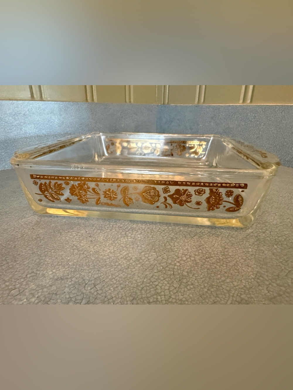 Fire King Clear Glass Brownie Pan with Gold Floral Accents